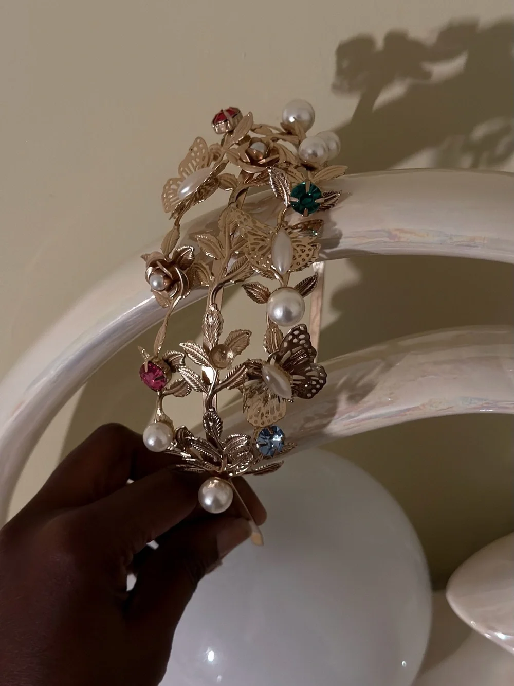 Gold-Tone Floral Pearl Headband with Multicolor Gem Accents. Head Coronet